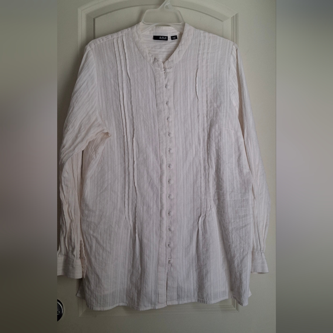 Ana Cotton Sz Xl Cream Ruffled Open Collar Womens Shirt Lagenlook Boho Neutro